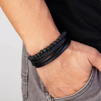 Picture of Men's Multilayer Leather Bracelet with Volcanic Stone Beads and Stainless Steel Magnetic Clasp 📿