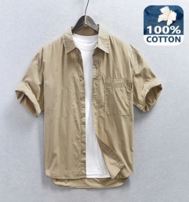 Picture of Summer Streetwear Cargo Shirt for Men - Short Sleeve, Oversized, Multi-Pocket, 100% Cotton - AZ828🌾