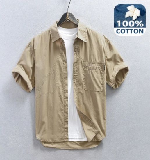 Picture of Summer Streetwear Cargo Shirt for Men - Short Sleeve, Oversized, Multi-Pocket, 100% Cotton - AZ828🌾